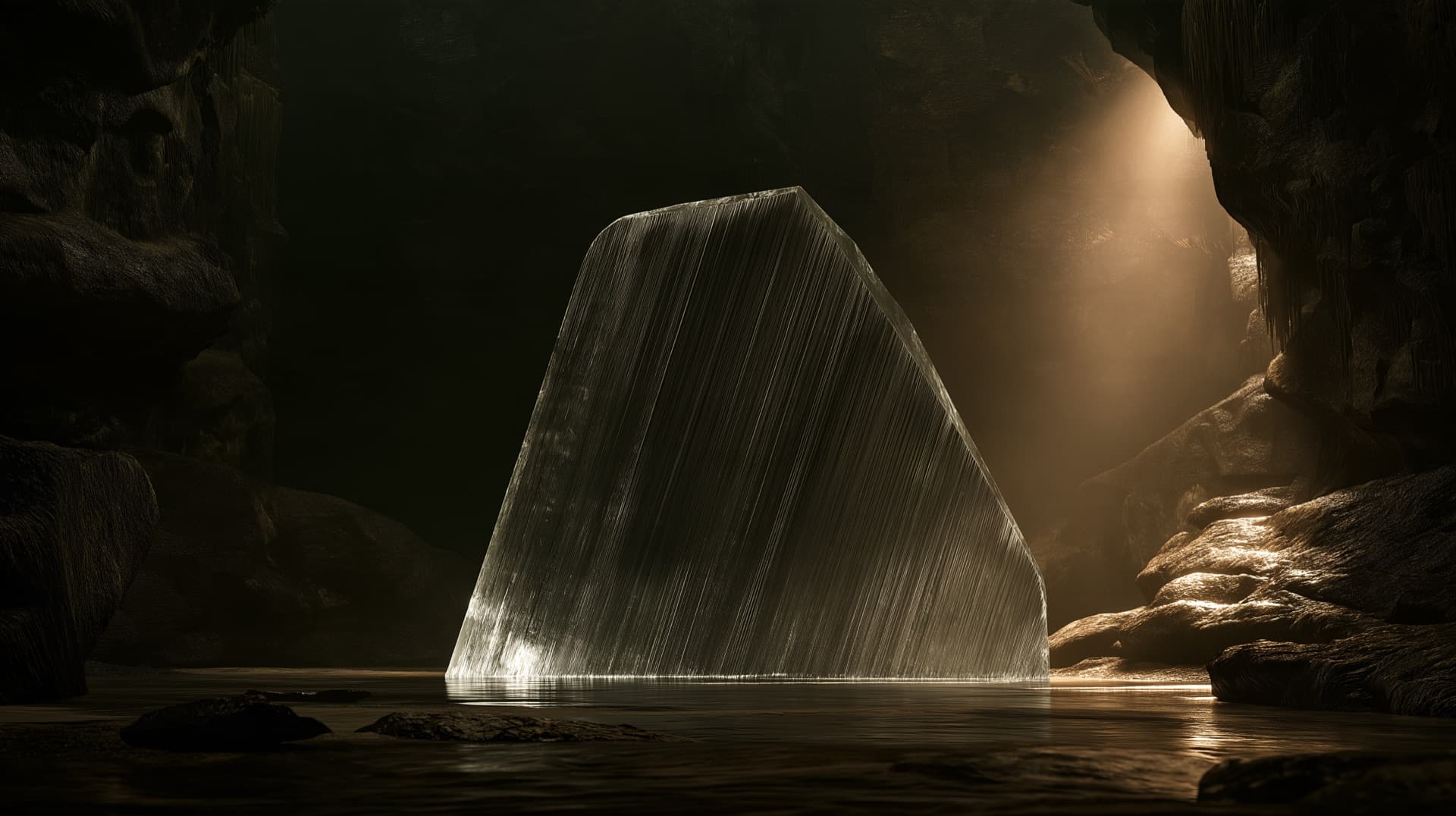Ein leuchtender Glasmonolith in einer Höhle.